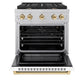 ZLINE Autograph Edition 30 in. 4.2 cu. ft. Paramount Gas Range with 4 Burner Cooktop and Convection Gas Oven in Satin Stainless Steel with White Matte Door and Polished Gold Accents (SGRSZ-WM-30-G) front, oven open.