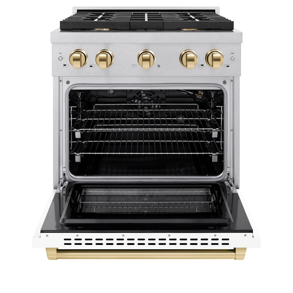 ZLINE Autograph Edition 30 in. 4.2 cu. ft. Paramount Gas Range with 4 Burner Cooktop and Convection Gas Oven in Satin Stainless Steel with White Matte Door and Polished Gold Accents (SGRSZ-WM-30-G) front, oven open.