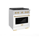 ZLINE Autograph Edition 30 in. 4.2 cu. ft. Paramount Gas Range with 4 Burner Cooktop and Convection Gas Oven in Satin Stainless Steel with White Matte Door and Polished Gold Accents (SGRSZ-WM-30-G)