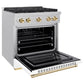 ZLINE Autograph Edition 30 in. 4.2 cu. ft. Paramount Gas Range with 4 Burner Cooktop and Convection Gas Oven in Satin Stainless Steel with White Matte Door and Polished Gold Accents (SGRSZ-WM-30-G) side, open.