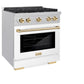 ZLINE Autograph Edition 30 in. 4.2 cu. ft. Paramount Gas Range with 4 Burner Cooktop and Convection Gas Oven in Satin Stainless Steel with White Matte Door and Polished Gold Accents (SGRSZ-WM-30-G) side.