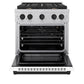 ZLINE Autograph Edition 30 in. 4.2 cu. ft. Paramount Gas Range with 4 Burner Cooktop and Convection Gas Oven in Satin Stainless Steel with White Matte Door and Matte Black Accents (SGRSZ-WM-30-MB) front, oven open.