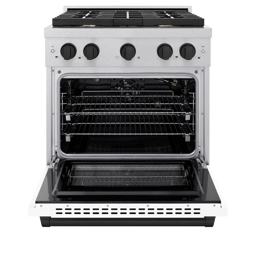 ZLINE Autograph Edition 30 in. 4.2 cu. ft. Paramount Gas Range with 4 Burner Cooktop and Convection Gas Oven in Satin Stainless Steel with White Matte Door and Matte Black Accents (SGRSZ-WM-30-MB) front, oven open.