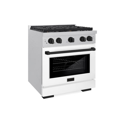 ZLINE Autograph Edition 30 in. 4.2 cu. ft. Paramount Gas Range with 4 Burner Cooktop and Convection Gas Oven in Satin Stainless Steel with White Matte Door and Matte Black Accents, Open Box-Good Condition