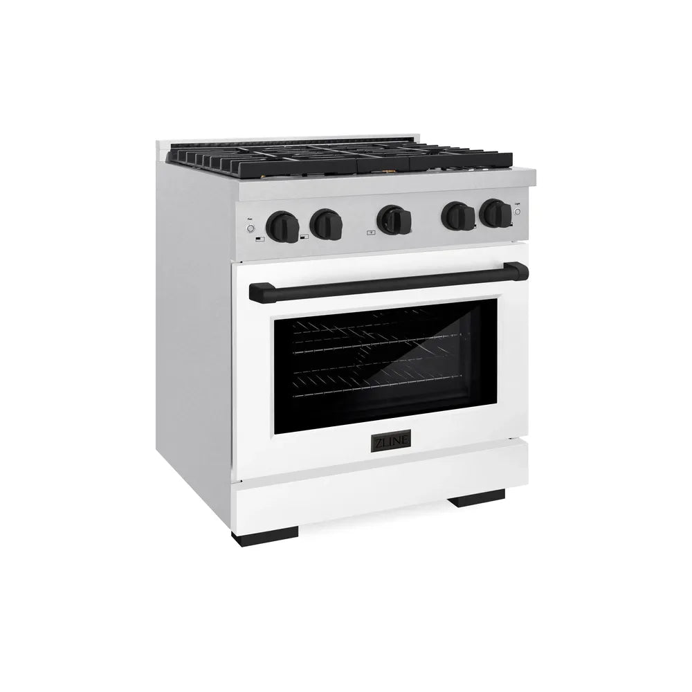 ZLINE Autograph Edition 30 in. 4.2 cu. ft. Paramount Gas Range with 4 Burner Cooktop and Convection Gas Oven in Satin Stainless Steel with White Matte Door and Matte Black Accents, Open Box-Great Condition main image.