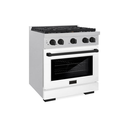 ZLINE Autograph Edition 30 in. 4.2 cu. ft. Paramount Gas Range with 4 Burner Cooktop and Convection Gas Oven in Satin Stainless Steel with White Matte Door and Matte Black Accents, Open Box-Great Condition main image.