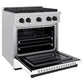 ZLINE Autograph Edition 30 in. 4.2 cu. ft. Paramount Gas Range with 4 Burner Cooktop and Convection Gas Oven in Satin Stainless Steel with White Matte Door and Matte Black Accents (SGRSZ-WM-30-MB) side, open.