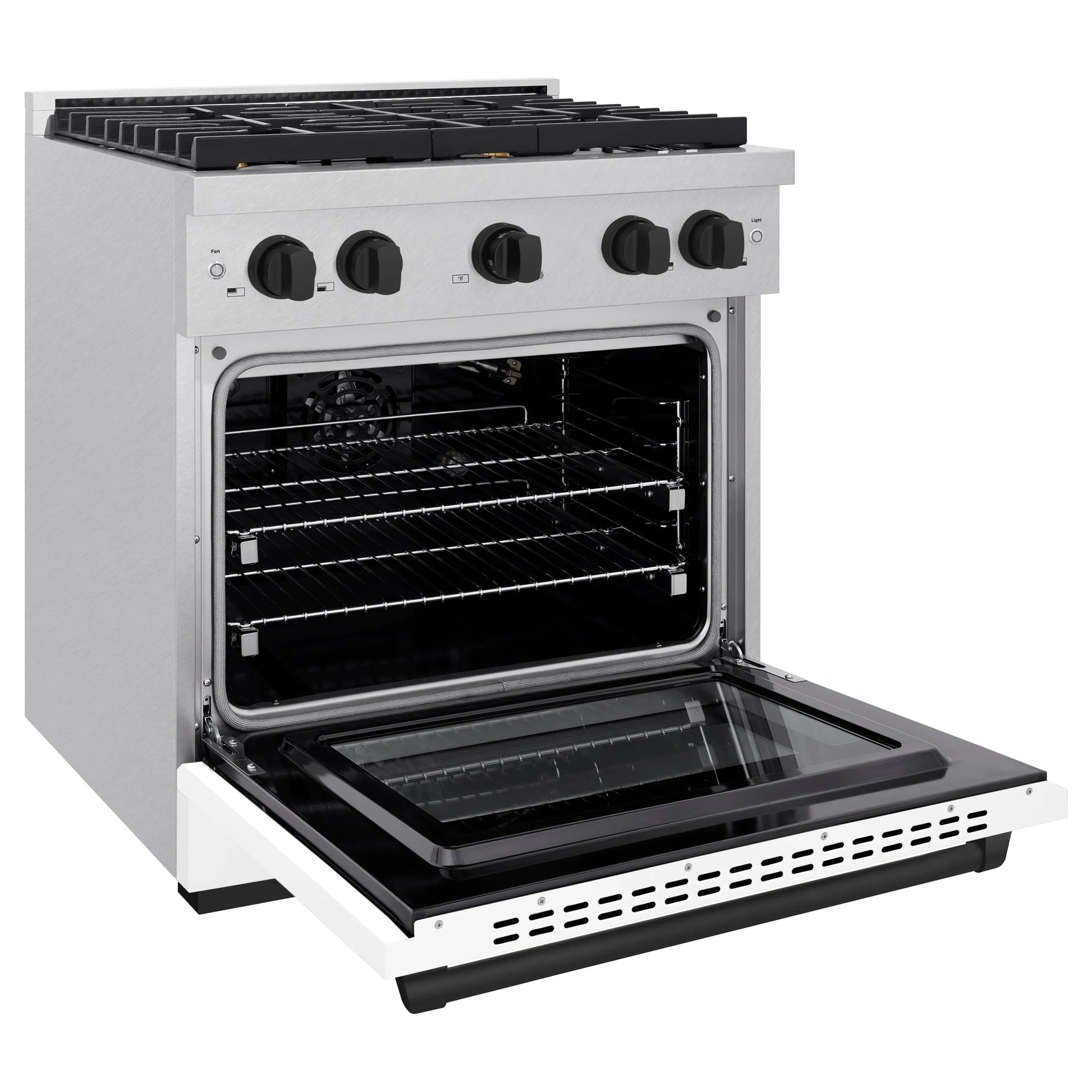 ZLINE Autograph Edition 30 in. 4.2 cu. ft. Paramount Gas Range with 4 Burner Cooktop and Convection Gas Oven in Satin Stainless Steel with White Matte Door and Matte Black Accents, Open Box-Great Condition