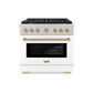 ZLINE Autograph Edition 36 in. 5.2 cu. ft. Paramount Gas Range with 6 Burner Cooktop and Convection Gas Oven in Satin Stainless Steel with White Matte Door and Champagne Bronze Accents, Open Box-Great Condition