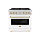 ZLINE Autograph Edition 36 in. 5.2 cu. ft. Paramount Gas Range with 6 Burner Cooktop and Convection Gas Oven in Satin Stainless Steel with White Matte Door and Champagne Bronze Accents, Open Box-Great Condition