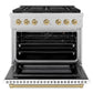 ZLINE Autograph Edition 36 in. 5.2 cu. ft. Paramount Gas Range with 6 Burner Cooktop and Convection Gas Oven in Satin Stainless Steel with White Matte Door and Champagne Bronze Accents (SGRSZ-WM-36-CB) front, oven open.