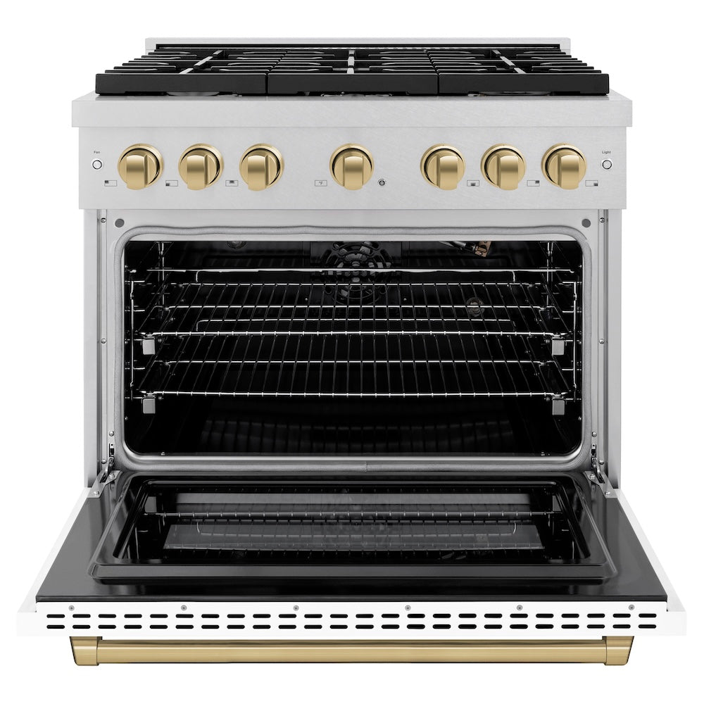 ZLINE Autograph Edition 36 in. 5.2 cu. ft. Paramount Gas Range with 6 Burner Cooktop and Convection Gas Oven in Satin Stainless Steel with White Matte Door and Champagne Bronze Accents (SGRSZ-WM-36-CB) front, oven open.