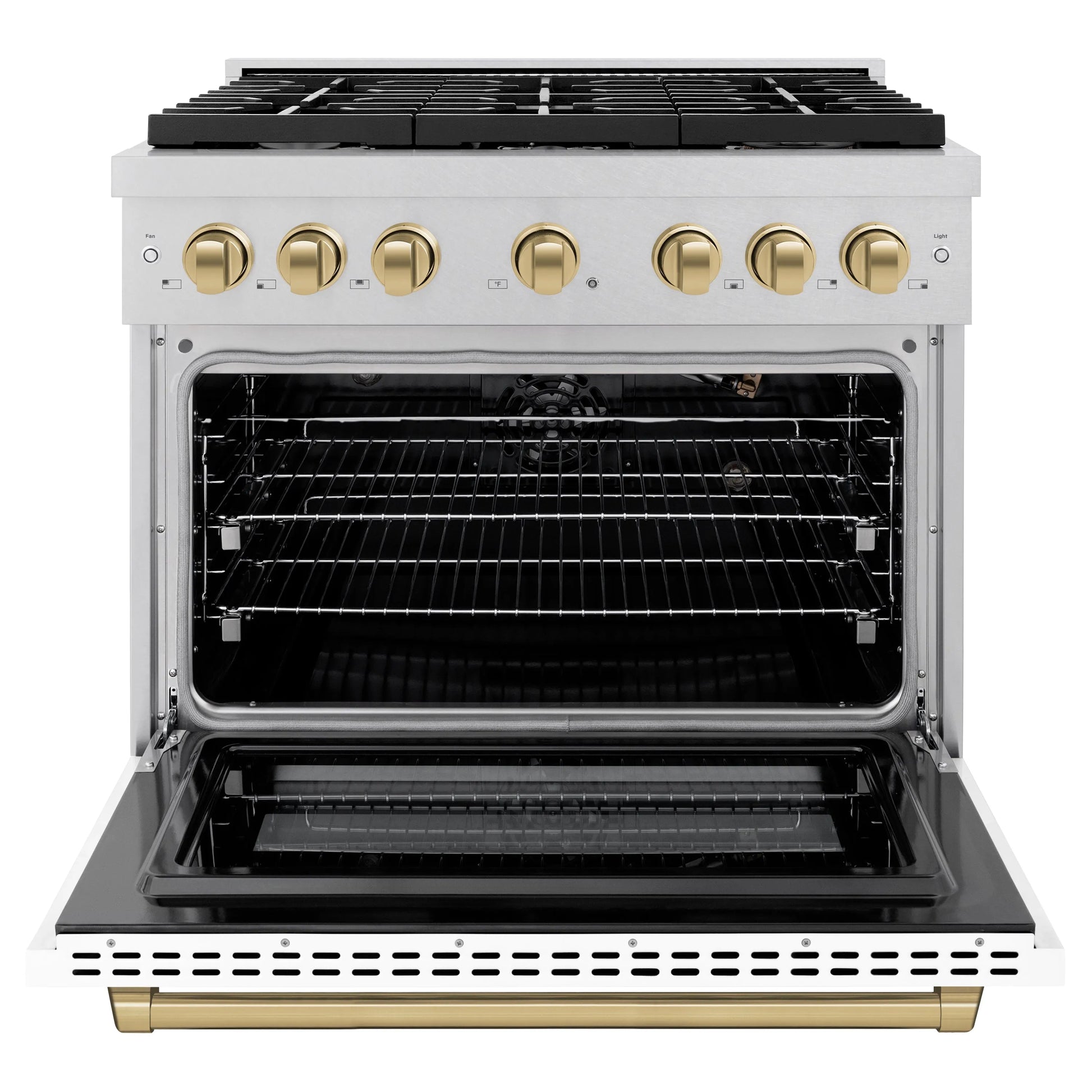 ZLINE Autograph Edition 36 in. 5.2 cu. ft. Paramount Gas Range with 6 Burner Cooktop and Convection Gas Oven in Satin Stainless Steel with White Matte Door and Champagne Bronze Accents, Open Box-Great Condition