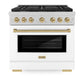 ZLINE Autograph Edition 36 in. 5.2 cu. ft. Paramount Gas Range with 6 Burner Cooktop and Convection Gas Oven in Satin Stainless Steel with White Matte Door and Champagne Bronze Accents (SGRSZ-WM-36-CB) front.