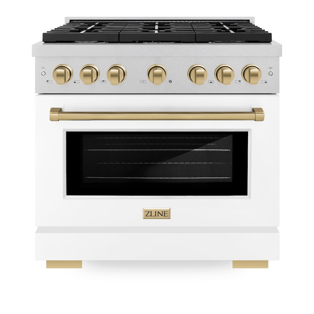 ZLINE Autograph Edition 36 in. 5.2 cu. ft. Paramount Gas Range with 6 Burner Cooktop and Convection Gas Oven in Satin Stainless Steel with White Matte Door and Champagne Bronze Accents (SGRSZ-WM-36-CB) front.