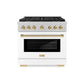 ZLINE Autograph Edition 36 in. 5.2 cu. ft. Paramount Gas Range with 6 Burner Cooktop and Convection Gas Oven in Satin Stainless Steel with White Matte Door and Polished Gold Accents, Open Box-Great Condition