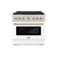 ZLINE Autograph Edition 36 in. 5.2 cu. ft. Paramount Gas Range with 6 Burner Cooktop and Convection Gas Oven in Satin Stainless Steel with White Matte Door and Polished Gold Accents, Open Box-Great Condition