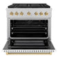 ZLINE Autograph Edition 36 in. 5.2 cu. ft. Paramount Gas Range with 6 Burner Cooktop and Convection Gas Oven in Satin Stainless Steel with White Matte Door and Polished Gold Accents (SGRSZ-WM-36-G) front, oven open.