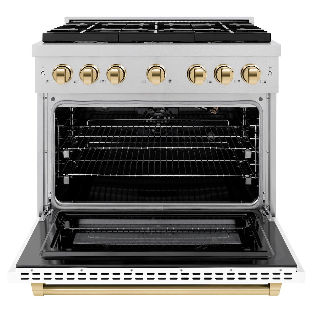 ZLINE Autograph Edition 36 in. 5.2 cu. ft. Paramount Gas Range with 6 Burner Cooktop and Convection Gas Oven in Satin Stainless Steel with White Matte Door and Polished Gold Accents (SGRSZ-WM-36-G) front, oven open.