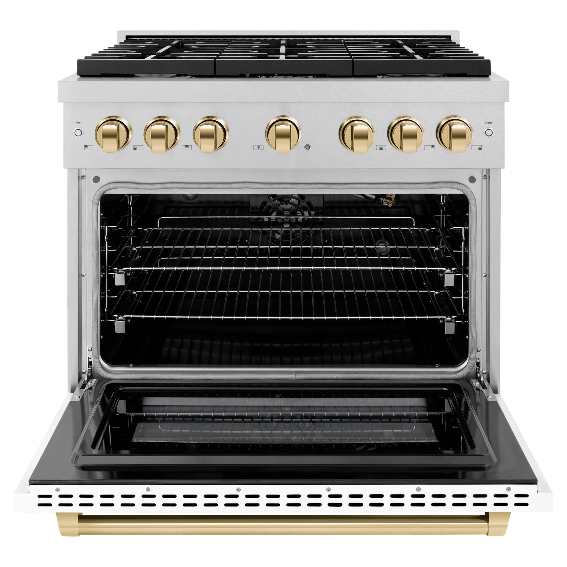 ZLINE Autograph Edition 36 in. 5.2 cu. ft. Paramount Gas Range with 6 Burner Cooktop and Convection Gas Oven in Satin Stainless Steel with White Matte Door and Polished Gold Accents, Open Box-Great Condition
