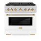 ZLINE Autograph Edition 36 in. 5.2 cu. ft. Paramount Gas Range with 6 Burner Cooktop and Convection Gas Oven in Satin Stainless Steel with White Matte Door and Polished Gold Accents (SGRSZ-WM-36-G) front.