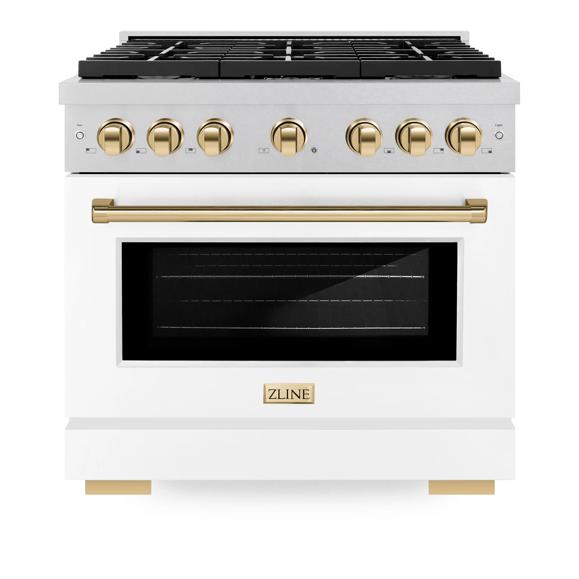 ZLINE Autograph Edition 36 in. 5.2 cu. ft. Paramount Gas Range with 6 Burner Cooktop and Convection Gas Oven in Satin Stainless Steel with White Matte Door and Polished Gold Accents, Open Box-Great Condition