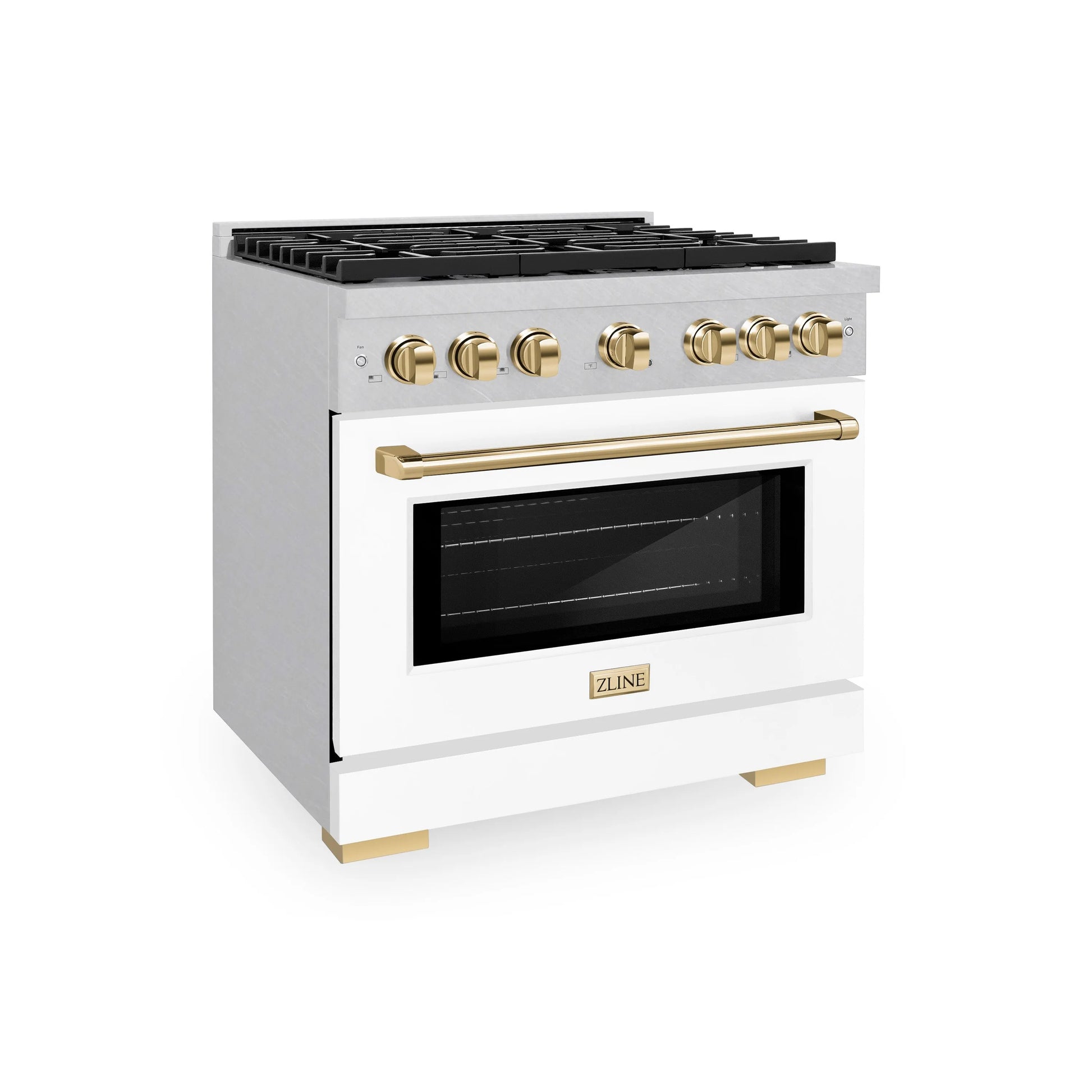 ZLINE Autograph Edition 36 in. 5.2 cu. ft. Paramount Gas Range with 6 Burner Cooktop and Convection Gas Oven in Satin Stainless Steel with White Matte Door and Polished Gold Accents, Open Box-Great Condition main image.