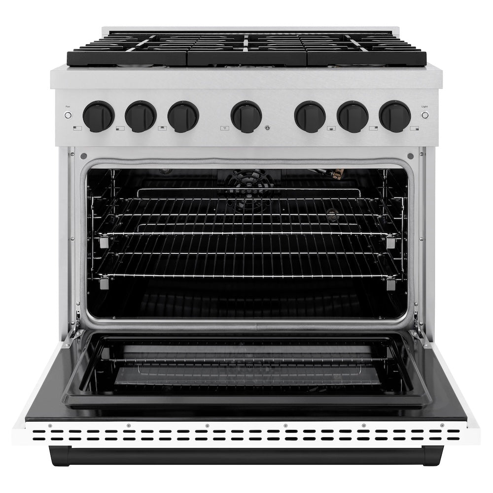 ZLINE Autograph Edition 36 in. 5.2 cu. ft. Paramount Gas Range with 6 Burner Cooktop and Convection Gas Oven in Satin Stainless Steel with White Matte Door and Matte Black Accents (SGRSZ-WM-36-MB) front, oven open.