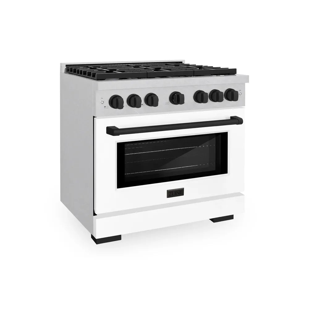 ZLINE Autograph Edition 36 in. 5.2 cu. ft. Paramount Gas Range with 6 Burner Cooktop and Convection Gas Oven in Satin Stainless Steel with White Matte Door and Matte Black Accents, Open Box-Great Condition main image.