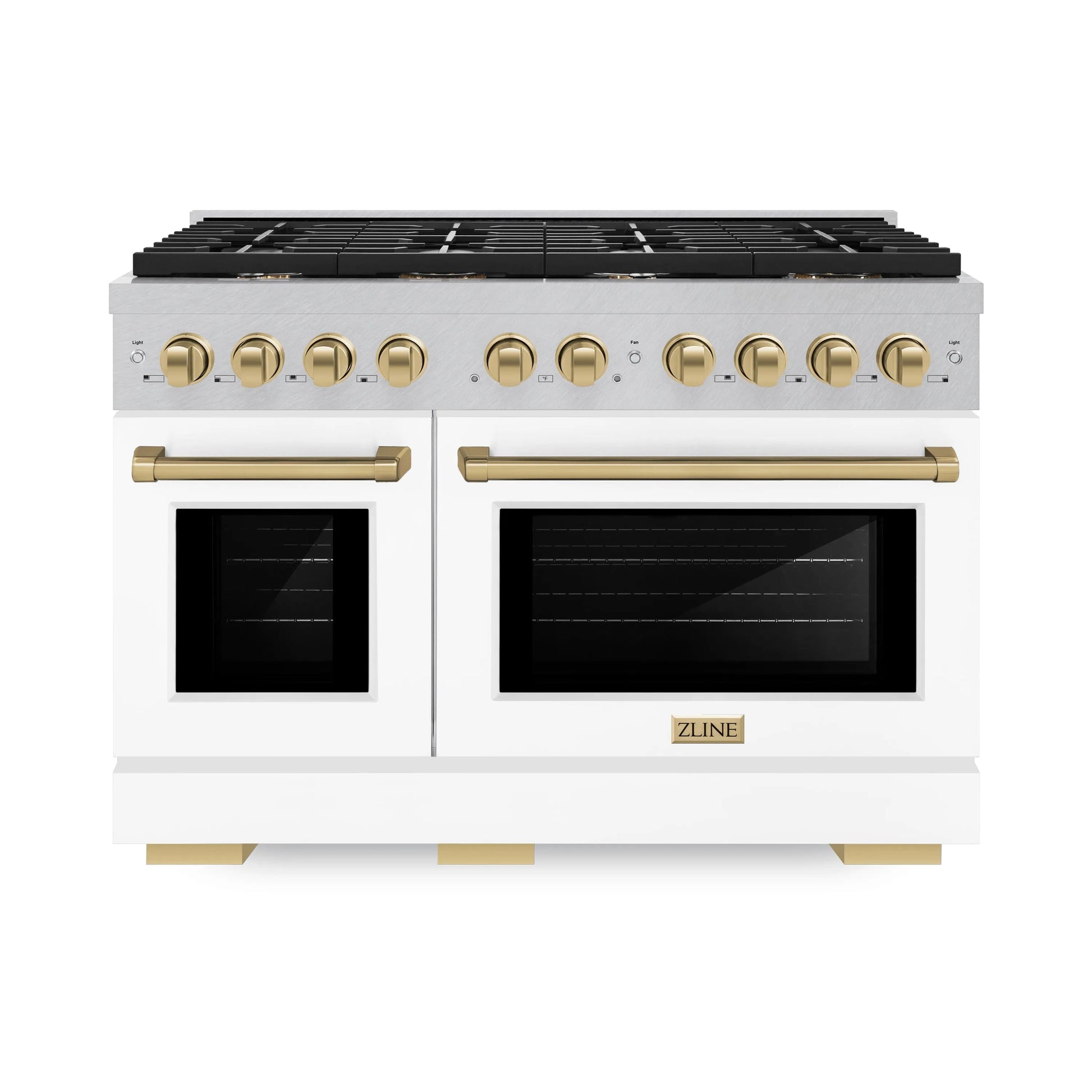 ZLINE Autograph Edition 48 in. 6.7 cu. ft. Paramount Double Oven Gas Range with 8 Burner Cooktop in Satin Stainless Steel with White Matte Doors and Champagne Bronze Accents, Open Box-Great Condition