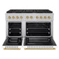 ZLINE Autograph Edition 48 in. 6.7 cu. ft. Paramount Double Oven Gas Range with 8 Burner Cooktop in Satin Stainless Steel with White Matte Doors and Champagne Bronze Accents (SGRSZ-WM-48-CB) front, oven open.