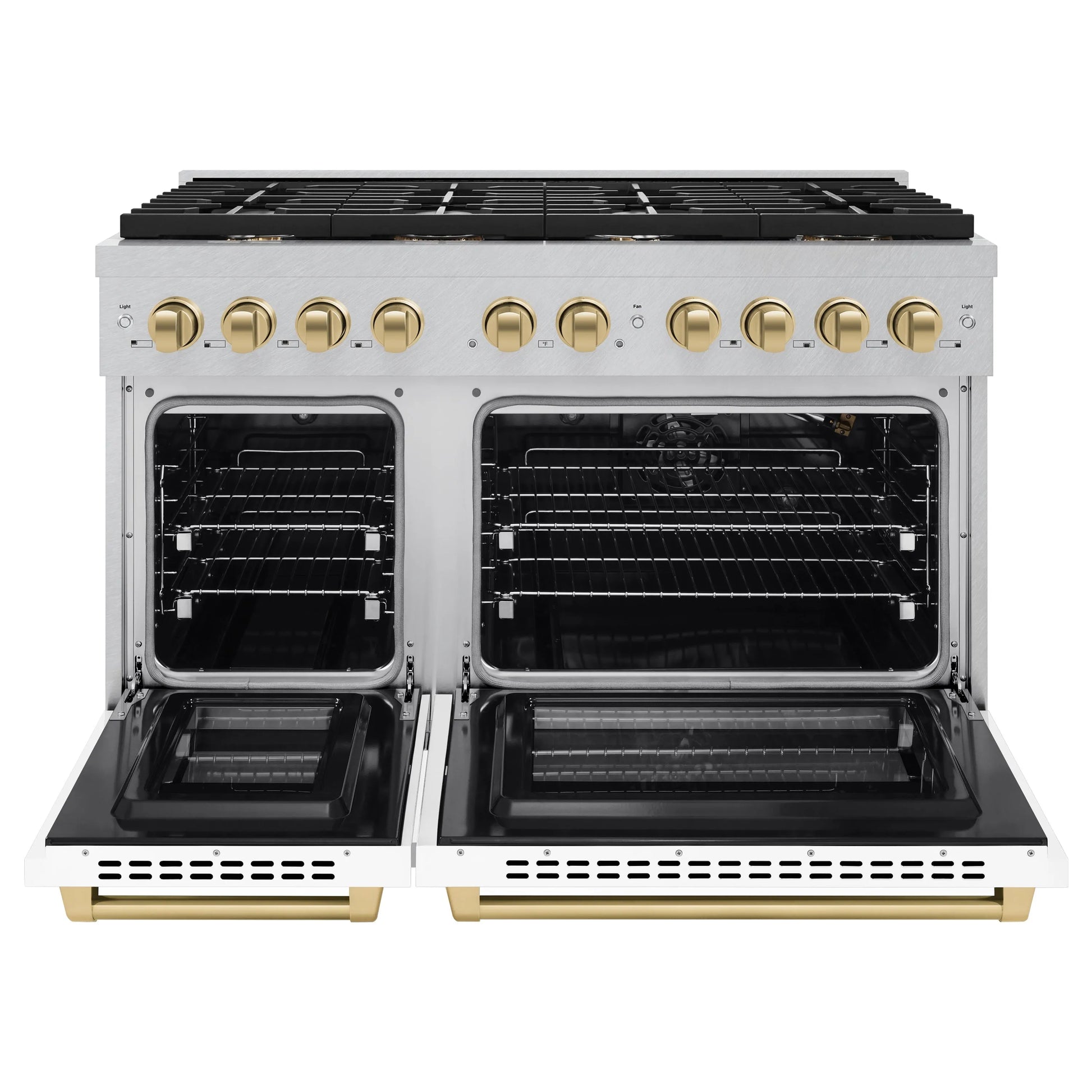 ZLINE Autograph Edition 48 in. 6.7 cu. ft. Paramount Double Oven Gas Range with 8 Burner Cooktop in Satin Stainless Steel with White Matte Doors and Champagne Bronze Accents, Open Box-Great Condition