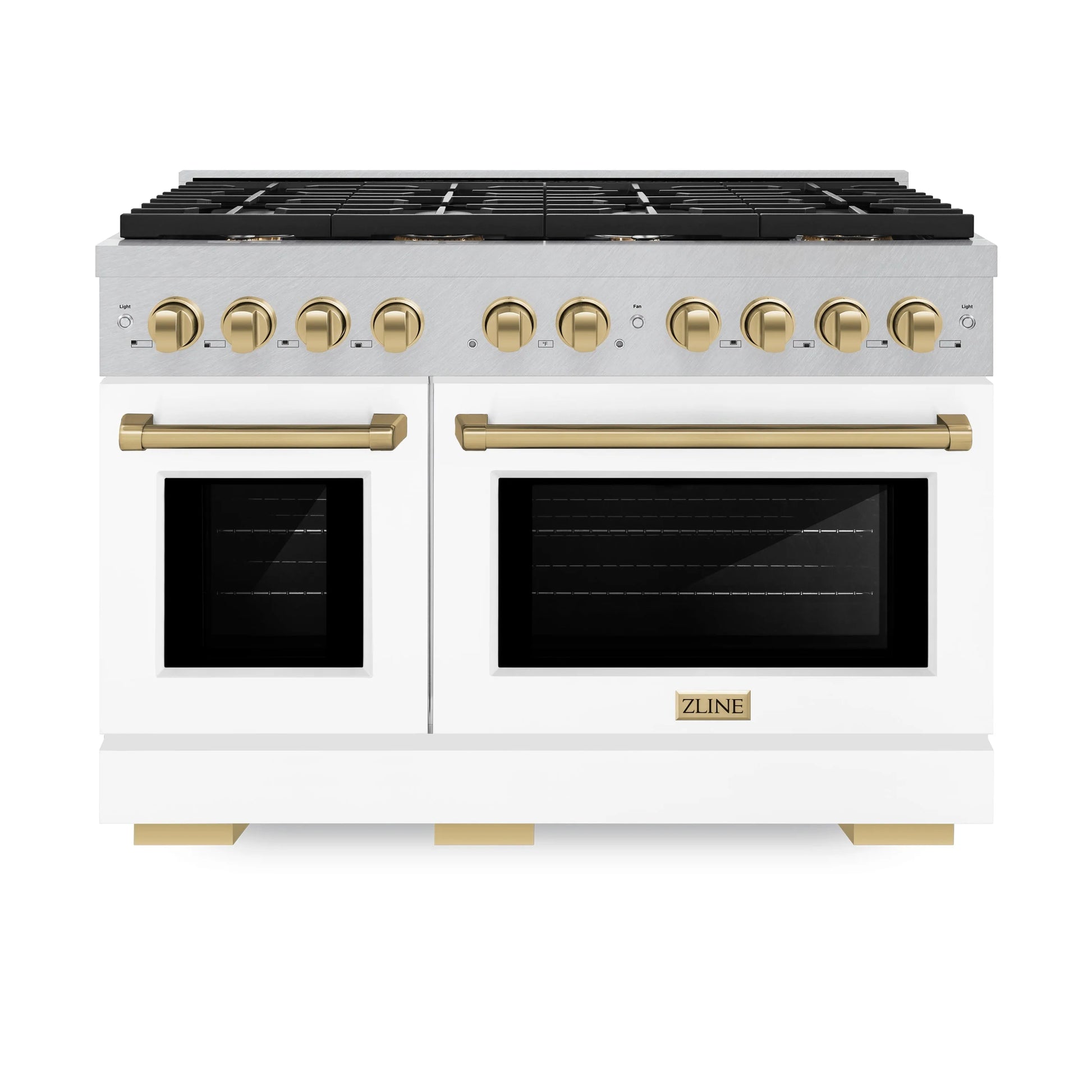 ZLINE Autograph Edition 48 in. 6.7 cu. ft. Paramount Double Oven Gas Range with 8 Burner Cooktop in Satin Stainless Steel with White Matte Doors and Champagne Bronze Accents, Open Box-Great Condition