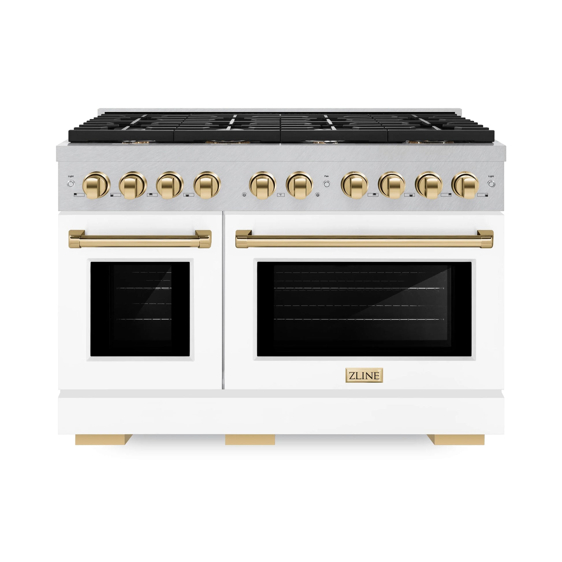 ZLINE Autograph Edition 48 in. 6.7 cu. ft. Paramount Double Oven Gas Range with 8 Burner Cooktop in Satin Stainless Steel with White Matte Doors and Polished Gold Accents, Open Box-Great Condition