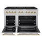 ZLINE Autograph Edition 48 in. 6.7 cu. ft. Paramount Double Oven Gas Range with 8 Burner Cooktop in Satin Stainless Steel with White Matte Doors and Polished Gold Accents (SGRSZ-WM-48-G) front, oven open.