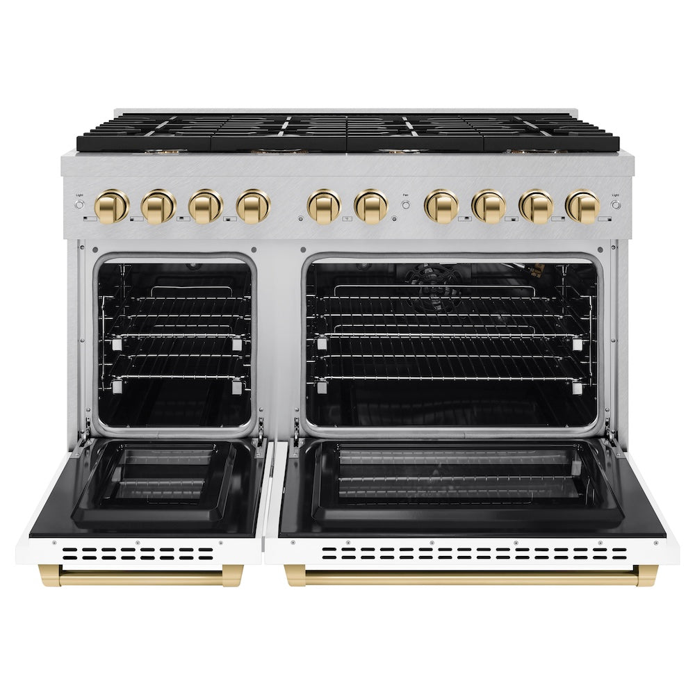 ZLINE Autograph Edition 48 in. 6.7 cu. ft. Paramount Double Oven Gas Range with 8 Burner Cooktop in Satin Stainless Steel with White Matte Doors and Polished Gold Accents (SGRSZ-WM-48-G) front, oven open.