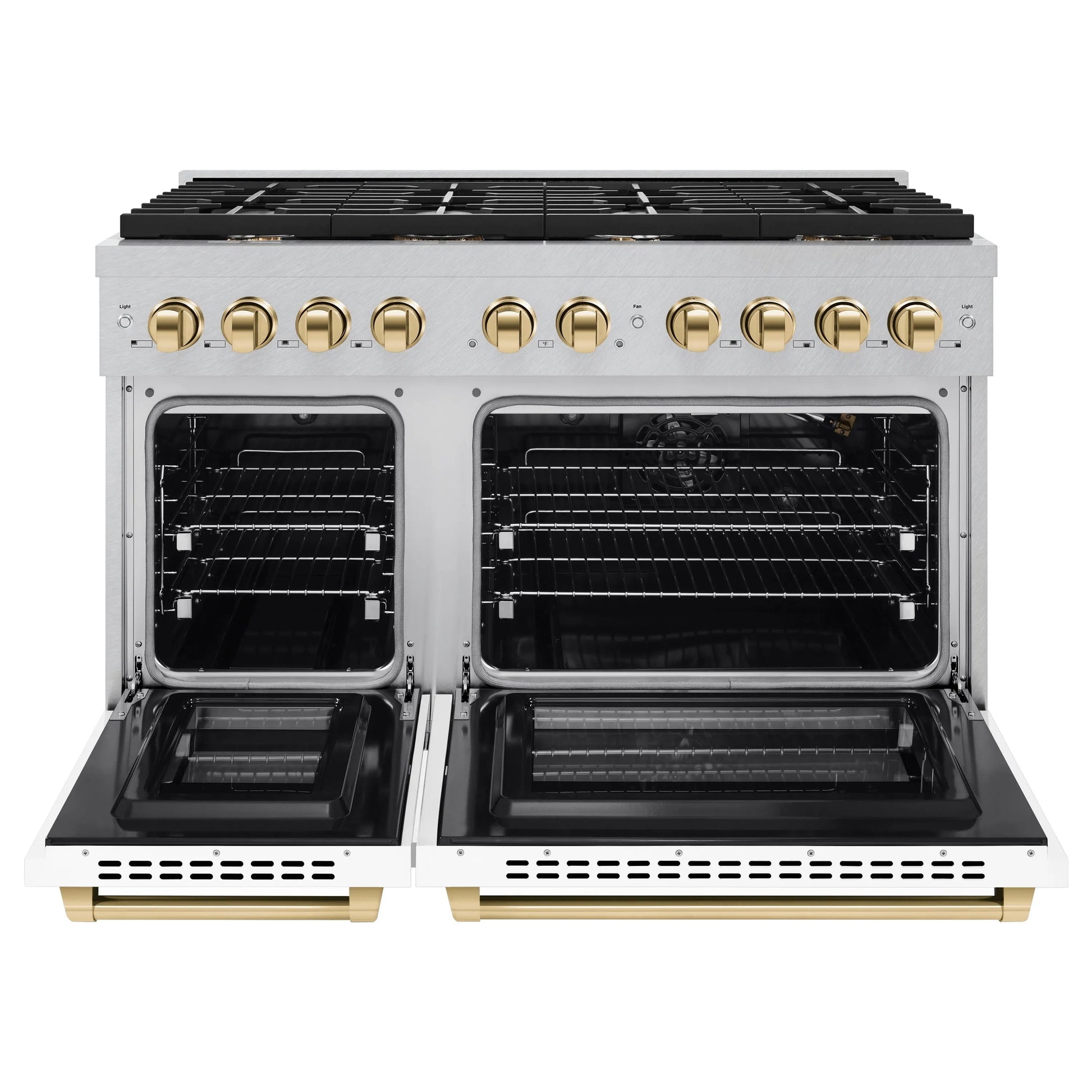ZLINE Autograph Edition 48 in. 6.7 cu. ft. Paramount Double Oven Gas Range with 8 Burner Cooktop in Satin Stainless Steel with White Matte Doors and Polished Gold Accents, Open Box-Great Condition