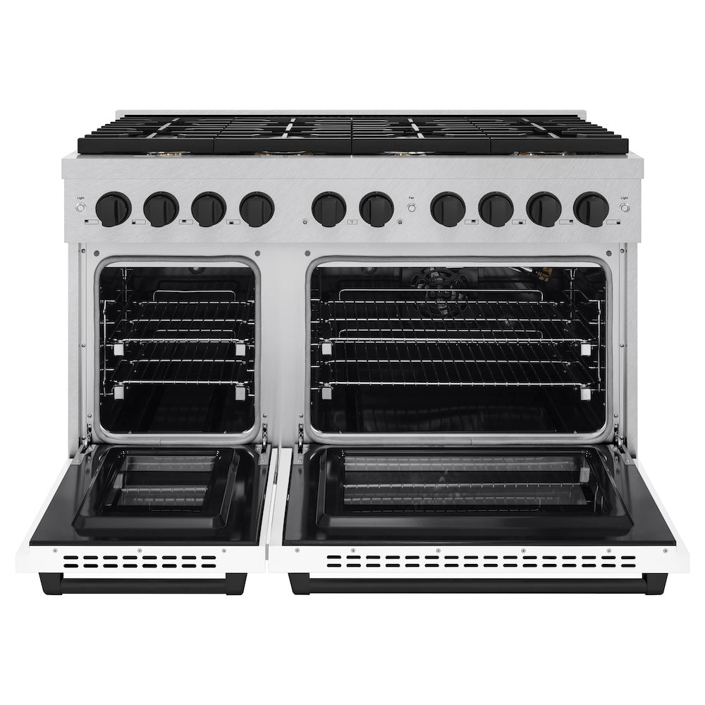 ZLINE Autograph Edition 48 in. 6.7 cu. ft. Paramount Double Oven Gas Range with 8 Burner Cooktop in Satin Stainless Steel with White Matte Doors and Matte Black Accents (SGRSZ-WM-48-MB) front, oven open.