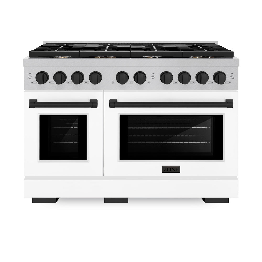 ZLINE Autograph Edition 48 in. 6.7 cu. ft. Paramount Double Oven Gas Range with 8 Burner Cooktop in Satin Stainless Steel with White Matte Doors and Matte Black Accents (SGRSZ-WM-48-MB) front.