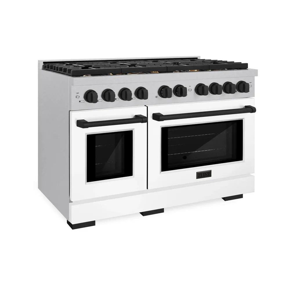 ZLINE Autograph Edition 48 in. 6.7 cu. ft. Paramount Double Oven Gas Range with 8 Burner Cooktop in Satin Stainless Steel with White Matte Doors and Matte Black Accents, Open Box-Great Condition main image.