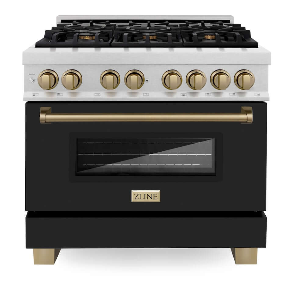 ZLINE Autograph Edition 36-inch Dual Fuel Range in DuraSnow® Stainless Steel with Black Matte Door and Champagne Bronze Accents (RASZ-BLM-36-CB) front, oven door closed