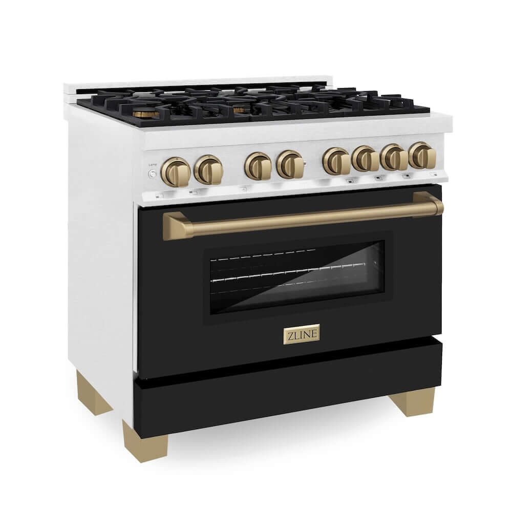 ZLINE Autograph Edition 36 in. 4.6 cu. ft. Dual Fuel Range with Gas Stove and Electric Oven in Fingerprint Resistant DuraSnow® Stainless Steel with Black Matte Door and Champagne Bronze Accents (RASZ-BLM-36-CB)