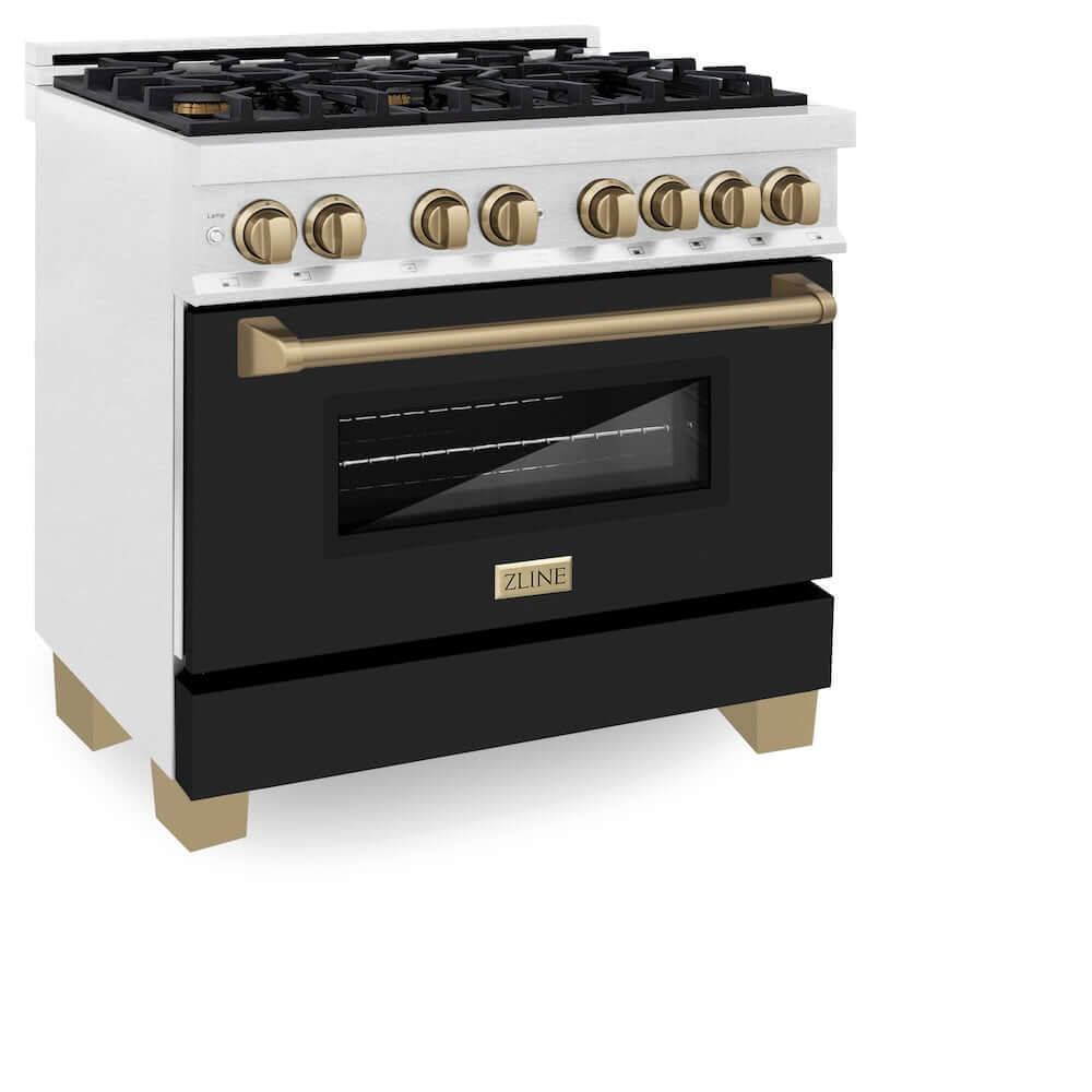 ZLINE Autograph Edition 36 in. 4.6 cu. ft. Dual Fuel Range with Gas Stove and Electric Oven in Fingerprint Resistant DuraSnow® Stainless Steel with Black Matte Door and Champagne Bronze Accents (RASZ-BLM-36-CB) side, oven closed.
