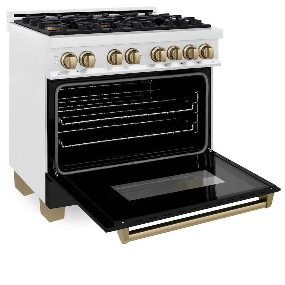 ZLINE Autograph Edition 36 in. 4.6 cu. ft. Dual Fuel Range with Gas Stove and Electric Oven in Fingerprint Resistant DuraSnow® Stainless Steel with Black Matte Door and Champagne Bronze Accents (RASZ-BLM-36-CB) side, oven open.