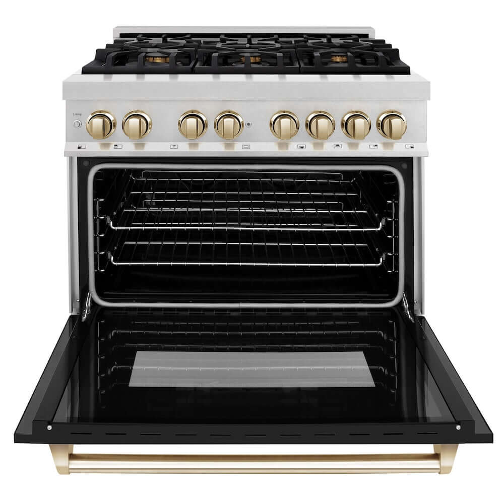 ZLINE Autograph Edition 36-inch Dual Fuel Range in DuraSnow® Stainless Steel with Black Matte Door and Polished Gold Accents (RASZ-BLM-36-G) front, oven door open