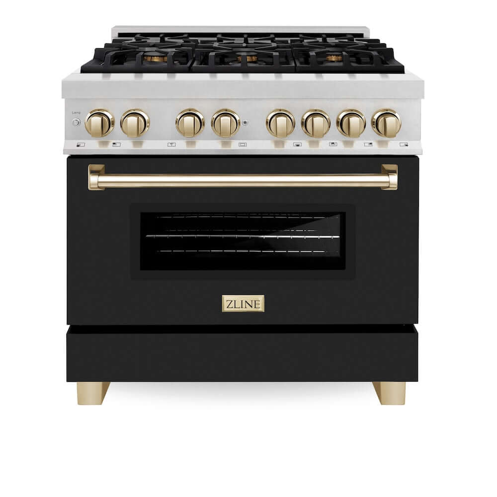ZLINE Autograph Edition 36-inch Dual Fuel Range in DuraSnow® Stainless Steel with Black Matte Door and Polished Gold Accents (RASZ-BLM-36-G) front, oven door closed