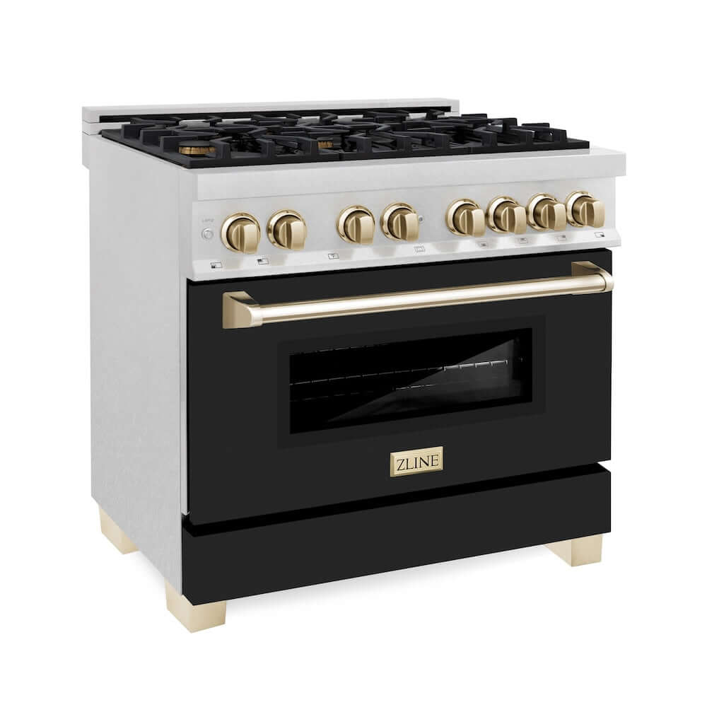 ZLINE Autograph Edition 36 in. 4.6 cu. ft. Dual Fuel Range with Gas Stove and Electric Oven in Fingerprint Resistant DuraSnow® Stainless Steel with Black Matte Door and Polished Gold Accents (RASZ-BLM-36-G)