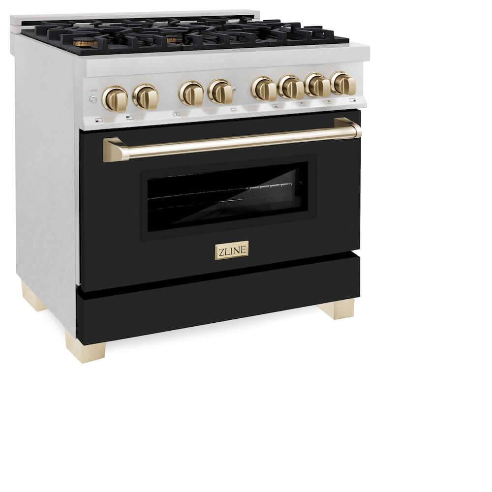 ZLINE Autograph Edition 36-inch Dual Fuel Range in DuraSnow® Stainless Steel with Black Matte Door and Polished Gold Accents (RASZ-BLM-36-G) side, oven door closed