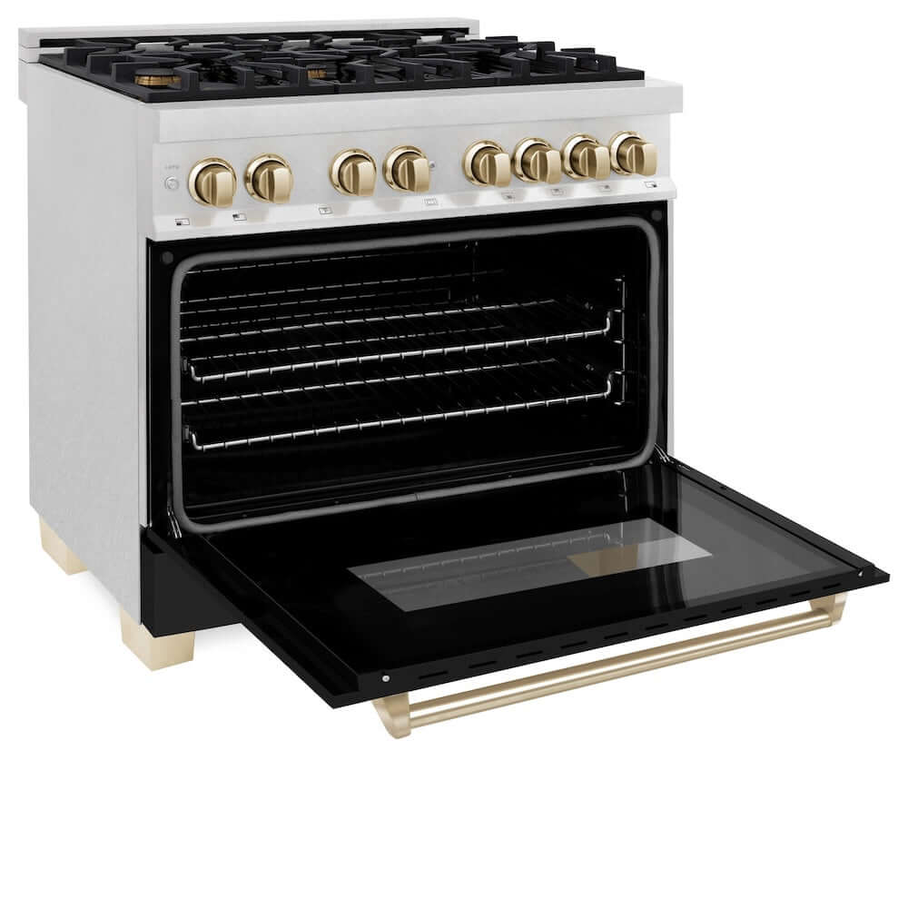 ZLINE Autograph Edition 36-inch Dual Fuel Range in DuraSnow® Stainless Steel with Black Matte Door and Polished Gold Accents (RASZ-BLM-36-G) side, oven door open