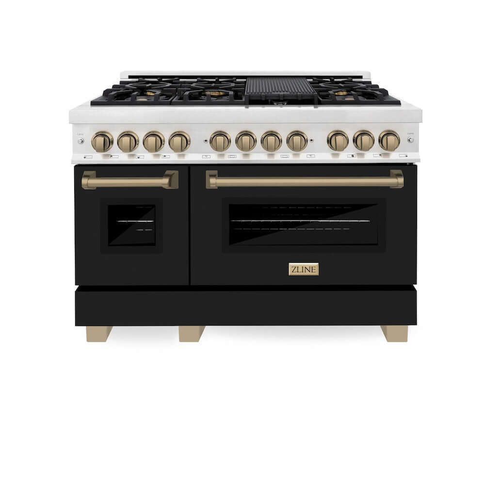 ZLINE Autograph Edition 48-inch Dual Fuel Range in DuraSnow® Stainless Steel with Black Matte Doors and Champagne Bronze Accents (RASZ-BLM-48-CB) front, double ovens doors closed